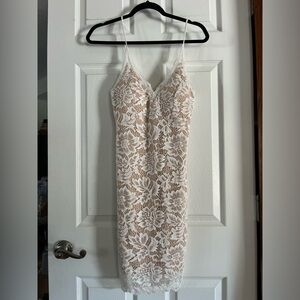hello miss White Lace Midi Slip Dress with Nude Lining